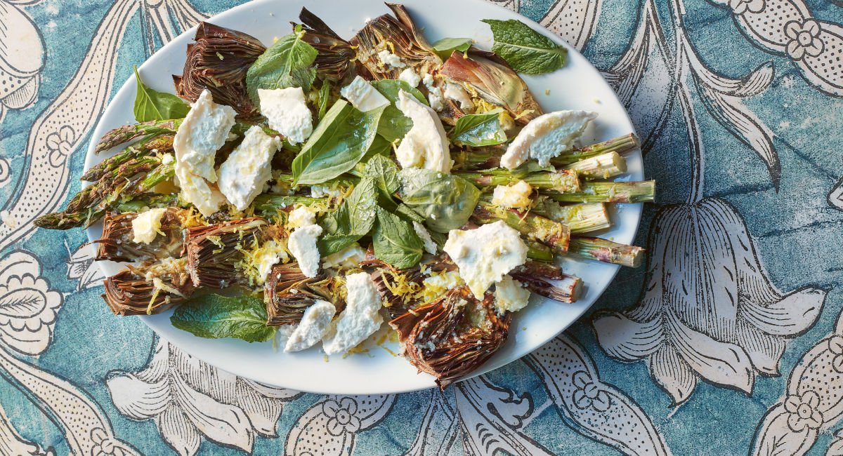 Recipe: Grilled asparagus and artichokes with goat's cheese and lemon oil